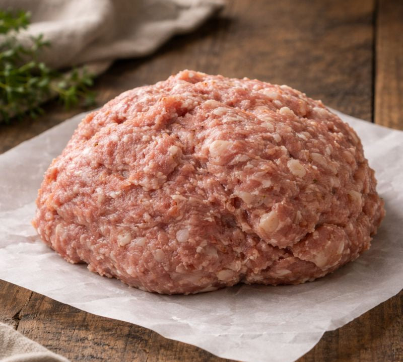 Raw sausage meat on a wooden cutting board with rosemary, dark background