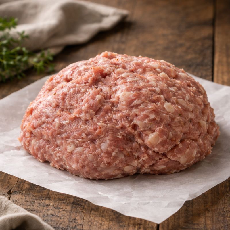 Raw sausage meat on a wooden cutting board with rosemary, dark background