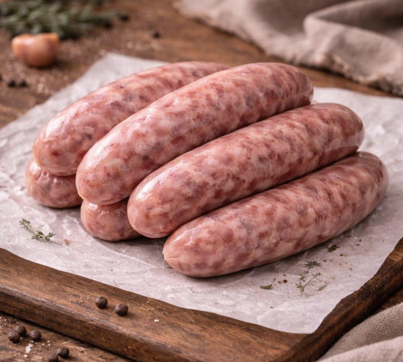 Raw sausages on a wooden cutting board with garlic and peppercorns.