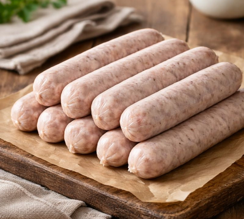 Raw turkey sausages on a wooden cutting board with herbs and spices