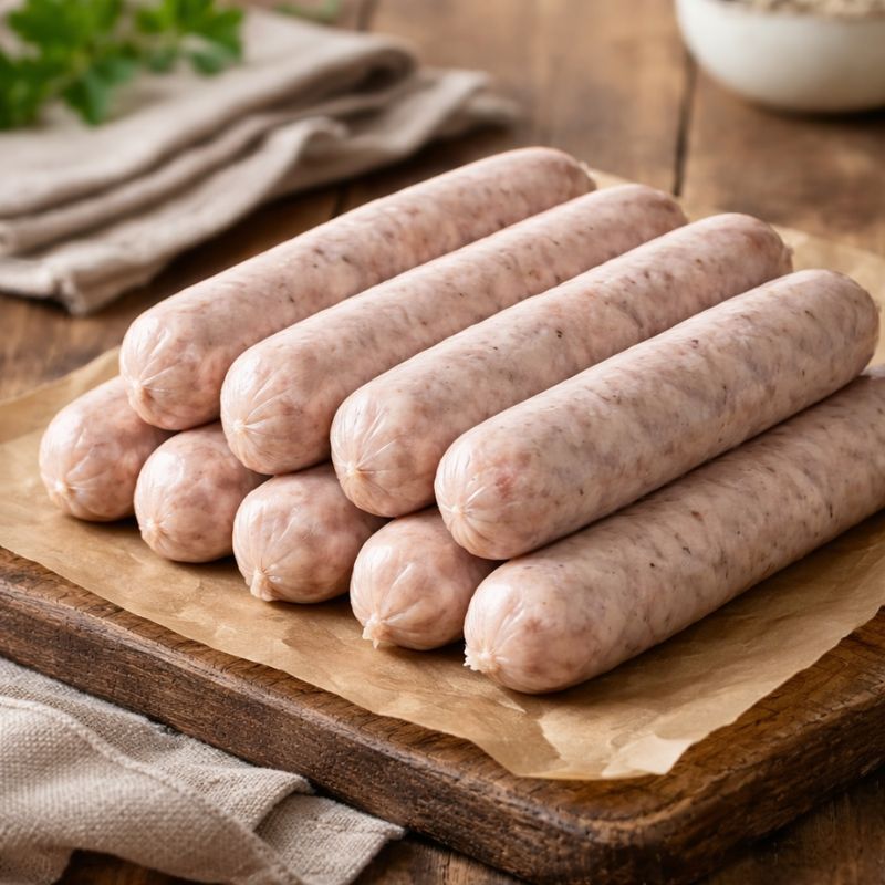 Raw turkey sausages on a wooden cutting board with herbs and spices