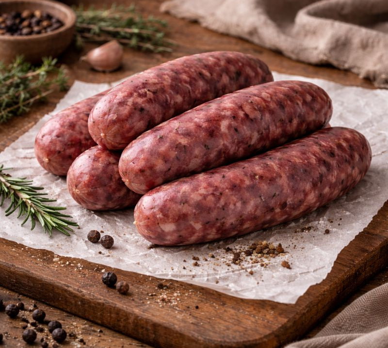 Raw venison sausages on a wooden cutting board with a rustic background