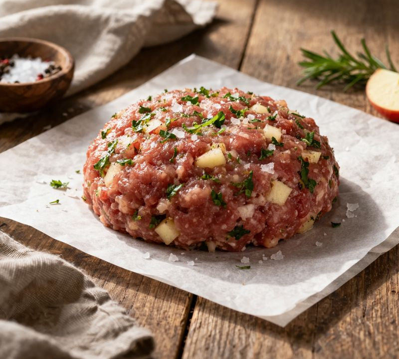 Raw sausage meat patty with herbs on a wooden cutting board