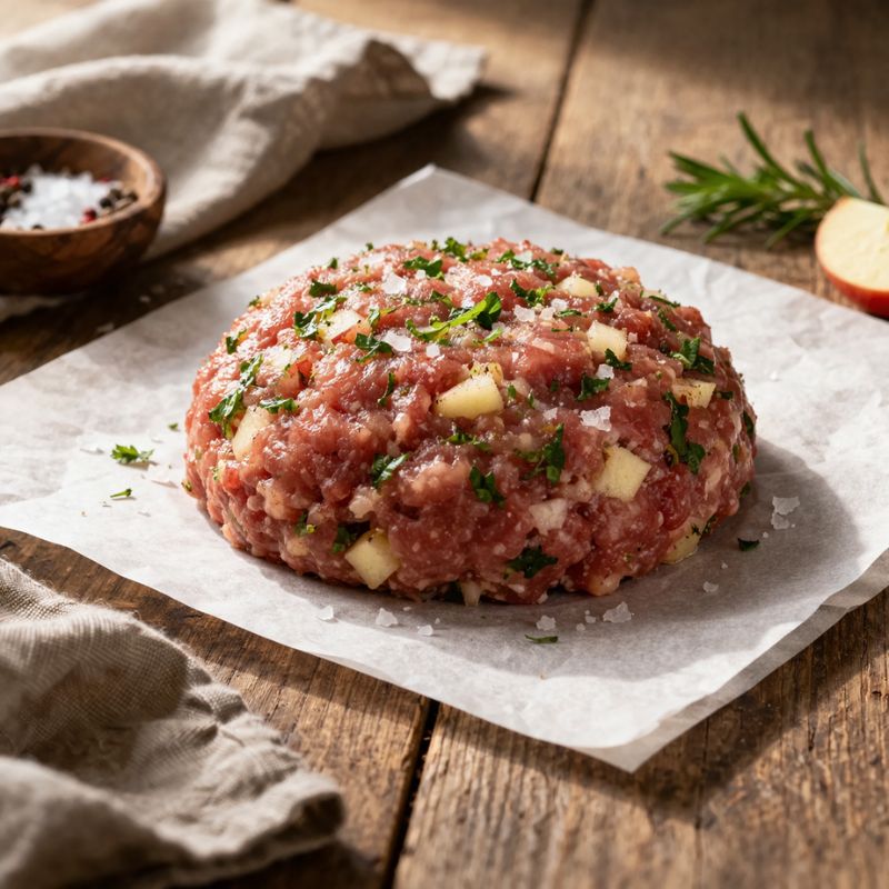 Raw sausage meat patty with herbs on a wooden cutting board