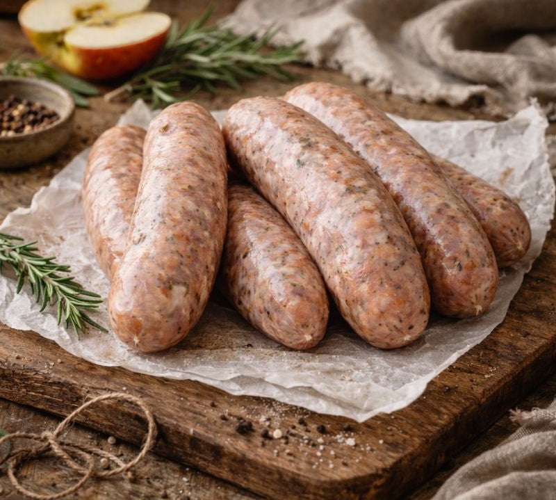 Raw wild boar sausages on a wooden board with apples and herbs