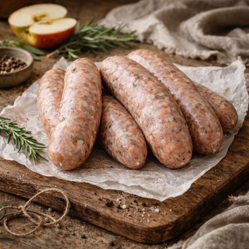 Raw wild boar sausages on a wooden board with apples and herbs