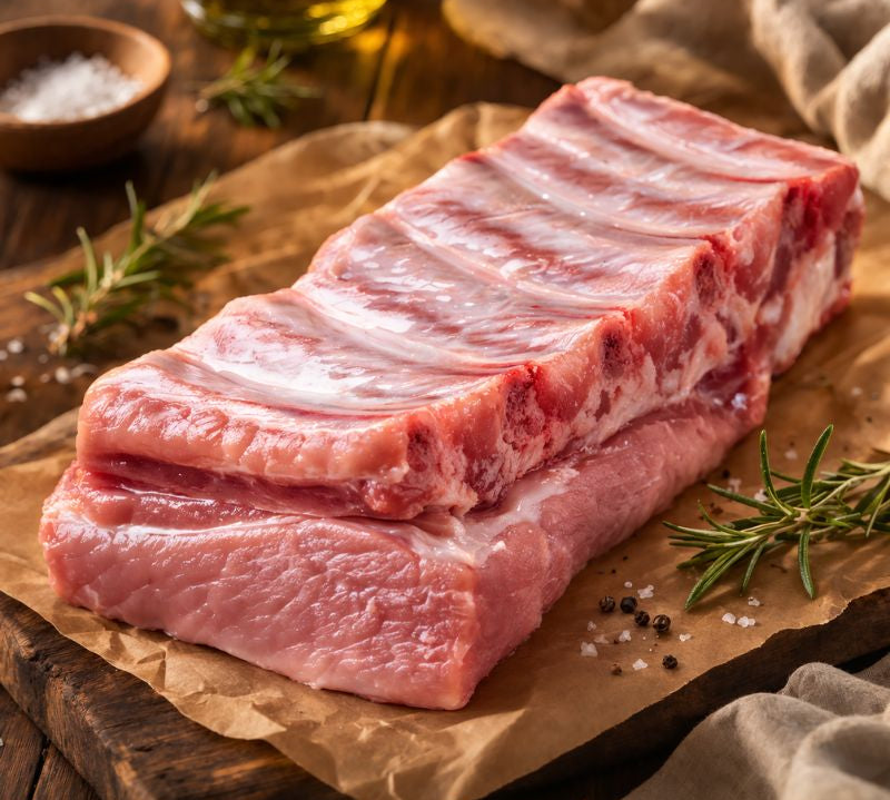 Raw extra-meaty British pork ribs on a wooden board – fresh cut from The Black Farmer, ready for roasting or BBQ.