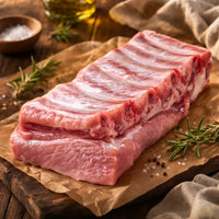Raw extra-meaty British pork ribs on a wooden board – fresh cut from The Black Farmer, ready for roasting or BBQ.