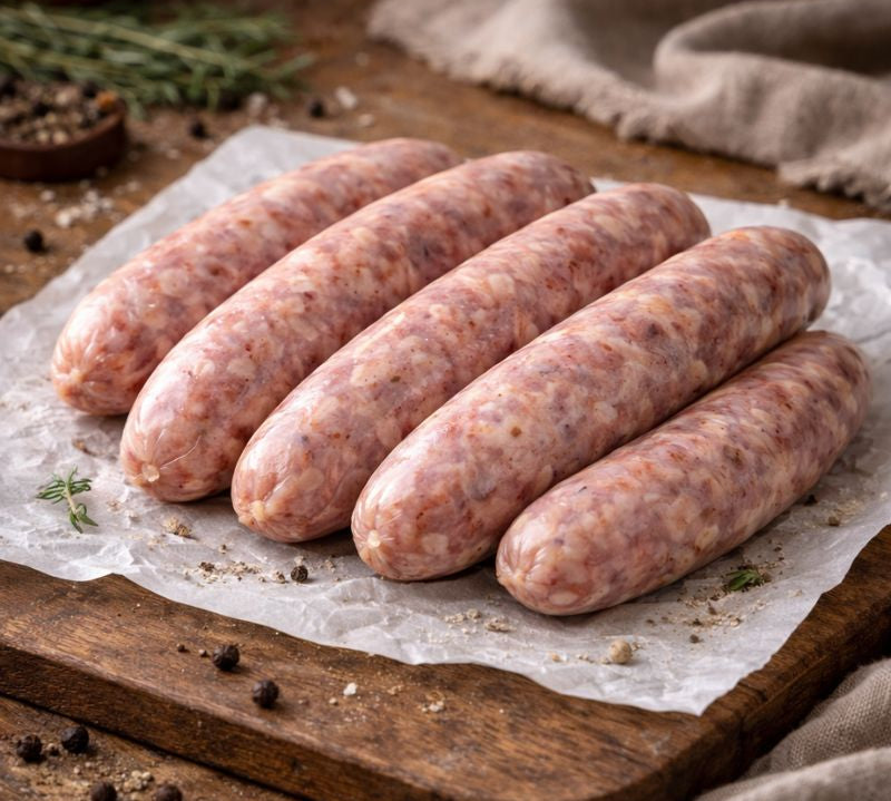 Raw wiltshire sausages on a wooden cutting board with rosemary and salt.