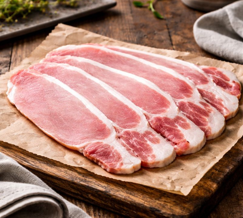 Unsmoked back bacon rashers by The Black Farmer, thick-cut British pork bacon with natural flavour