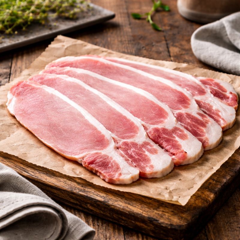 Unsmoked back bacon rashers by The Black Farmer, thick-cut British pork bacon with natural flavour