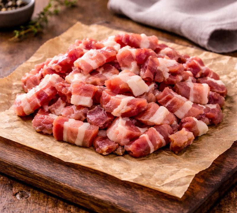 Smoked bacon lardons on wooden board with seasoning, raw premium British pork