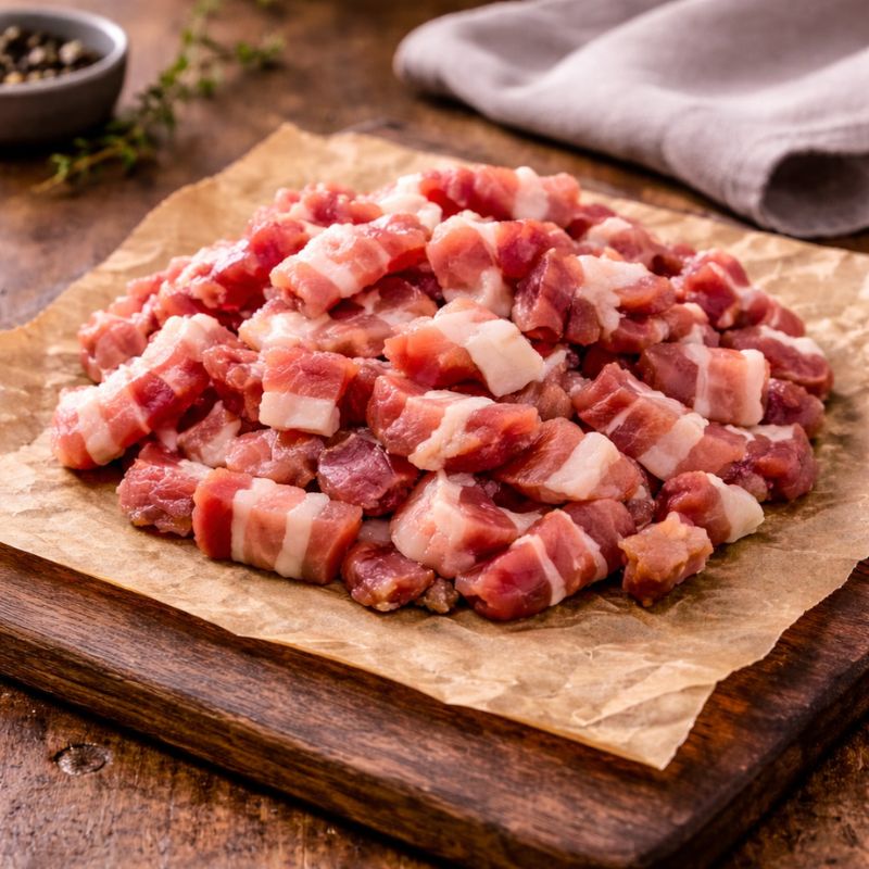 Smoked bacon lardons on wooden board with seasoning, raw premium British pork