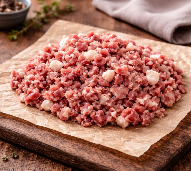 Coarse minced smoked bacon on wooden board with spices, raw pork bacon mince ready for cooking