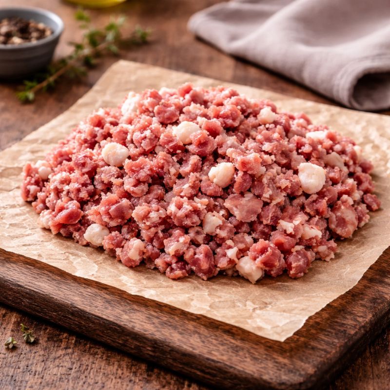 Coarse minced smoked bacon on wooden board with spices, raw pork bacon mince ready for cooking