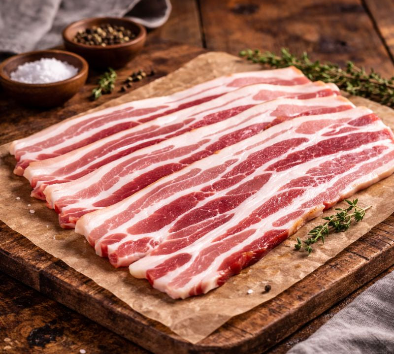 British unsmoked streaky bacon rashers on a wooden board, rindless pork from The Black Farmer