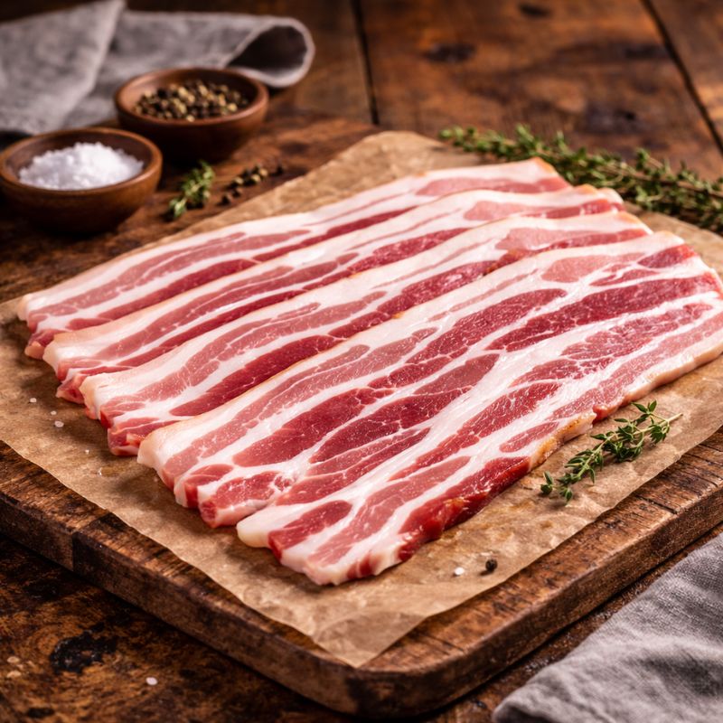British unsmoked streaky bacon rashers on a wooden board, rindless pork from The Black Farmer
