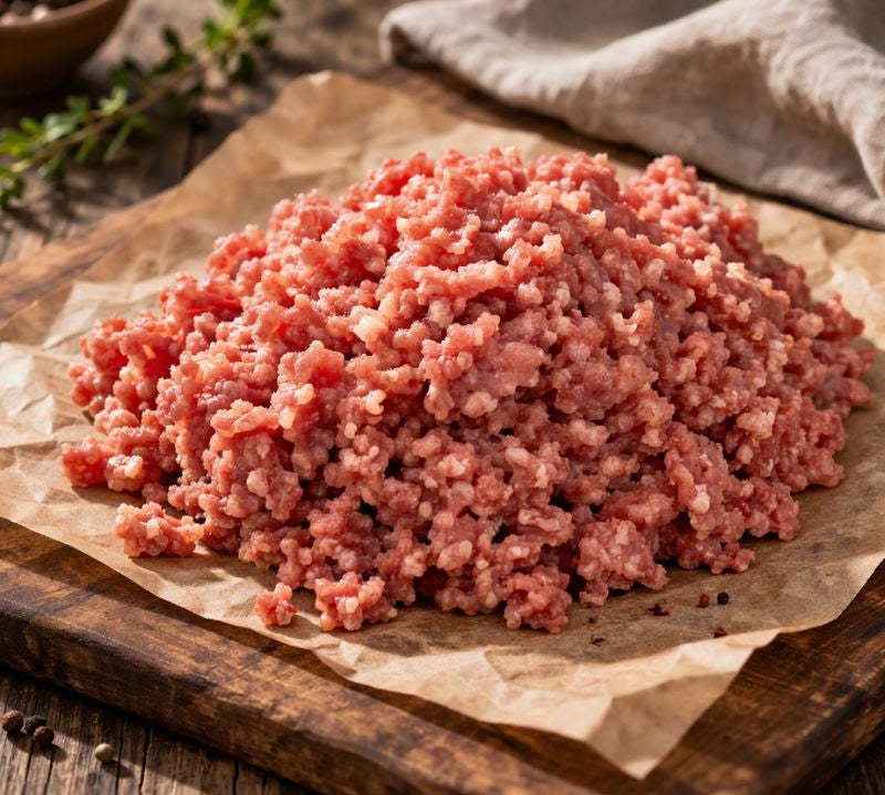 Unsmoked coarse minced bacon made from British pork, fresh vacuum-packed for cooking and freezing