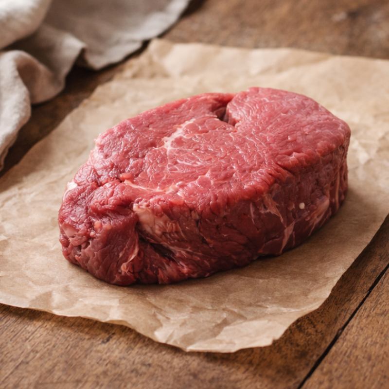 Raw steak on brown paper with a wooden background
