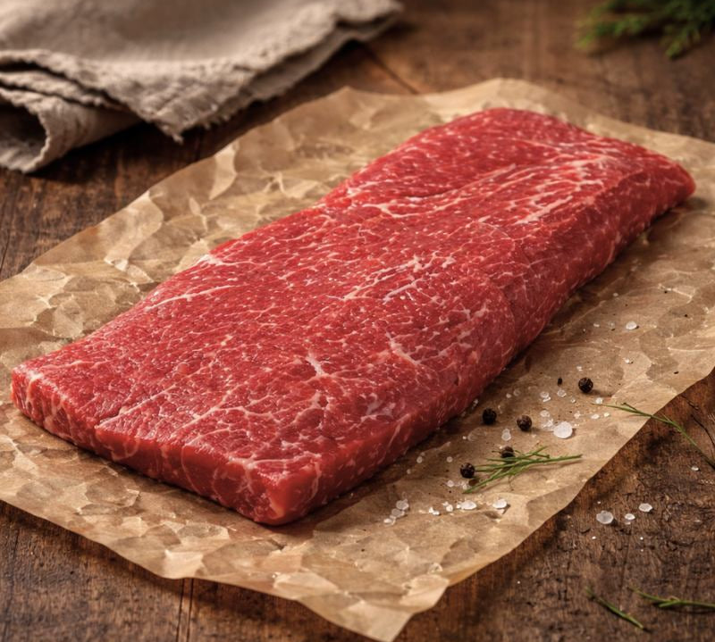 Two raw steaks on a wooden cutting board with thyme and salt.