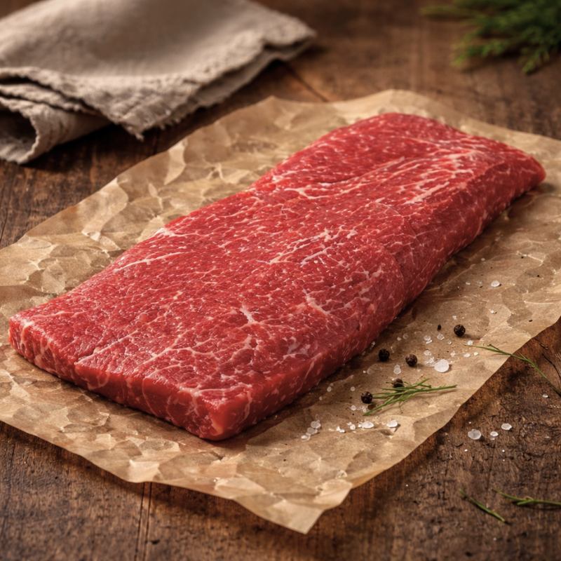 Two raw steaks on a wooden cutting board with thyme and salt.