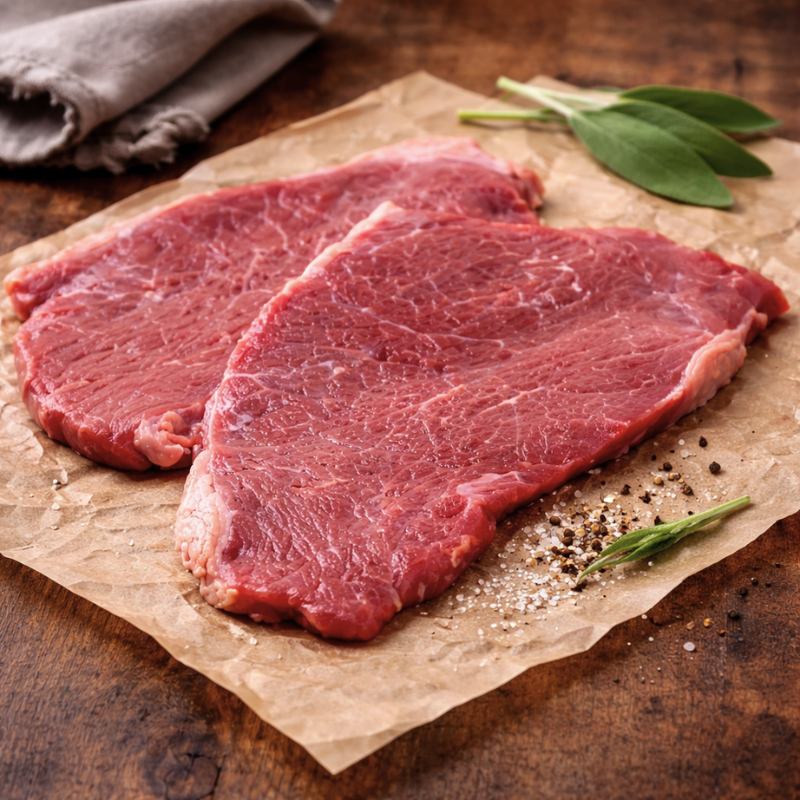 Lean British beef minute steak, thin-cut topside, ideal for quick cooking and high-protein meals.