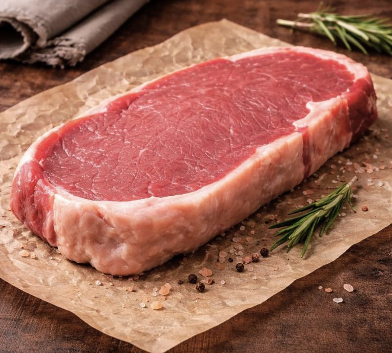 Raw British Beef Sirloin Steak on board, premium butcher’s cut, fresh beef ready for grilling.