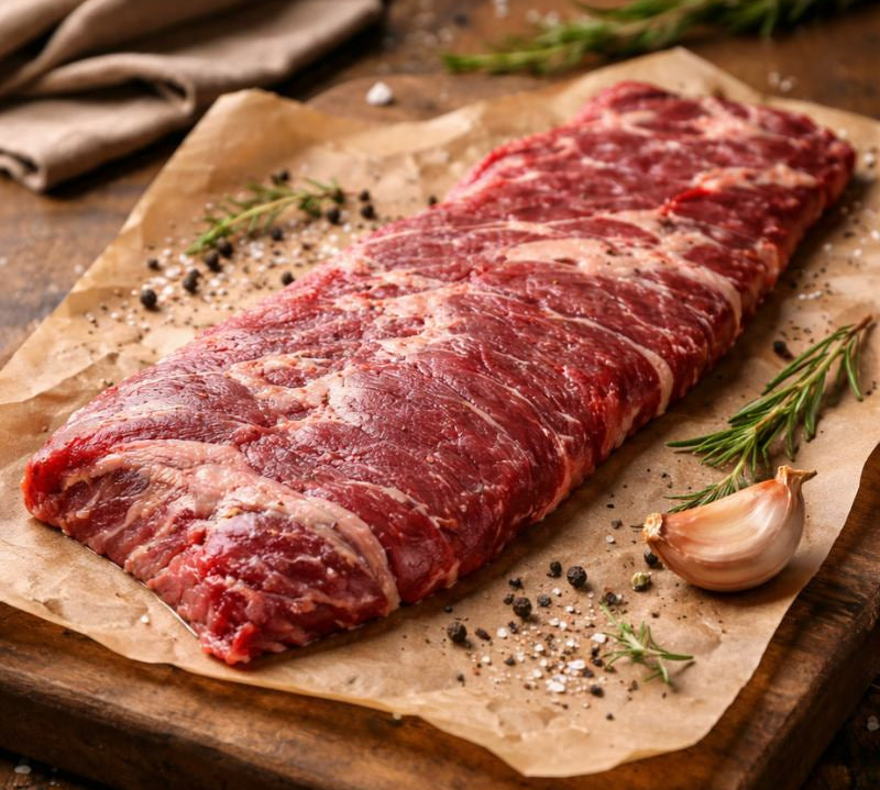Raw meat on a wooden cutting board with rosemary and salt