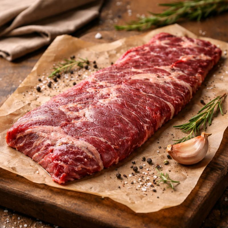 Raw meat on a wooden cutting board with rosemary and salt