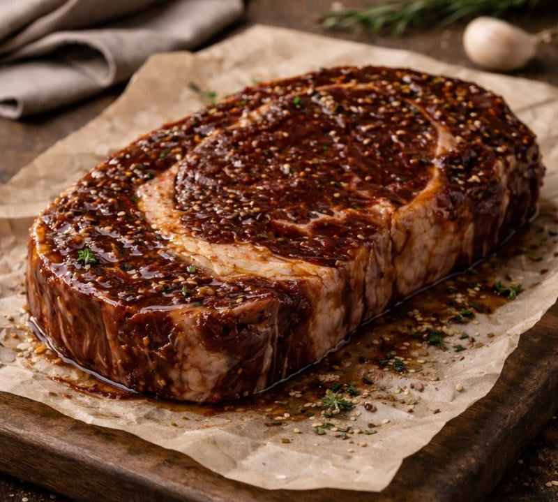 Sticky BBQ beef ribeye steaks marinated and ready to cook, premium butcher’s cut with rich marbling.