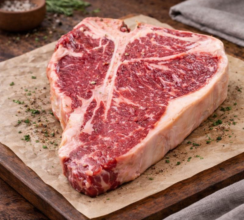 Raw steak on a wooden cutting board with herbs and spices