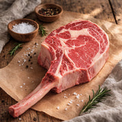 British Beef Tomahawk Steak with long bone, rich marbling, and premium butcher’s cut ready for cooking.