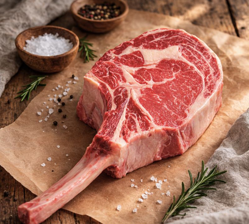 British Beef Tomahawk Steak with long bone, rich marbling, and premium butcher’s cut ready for cooking.