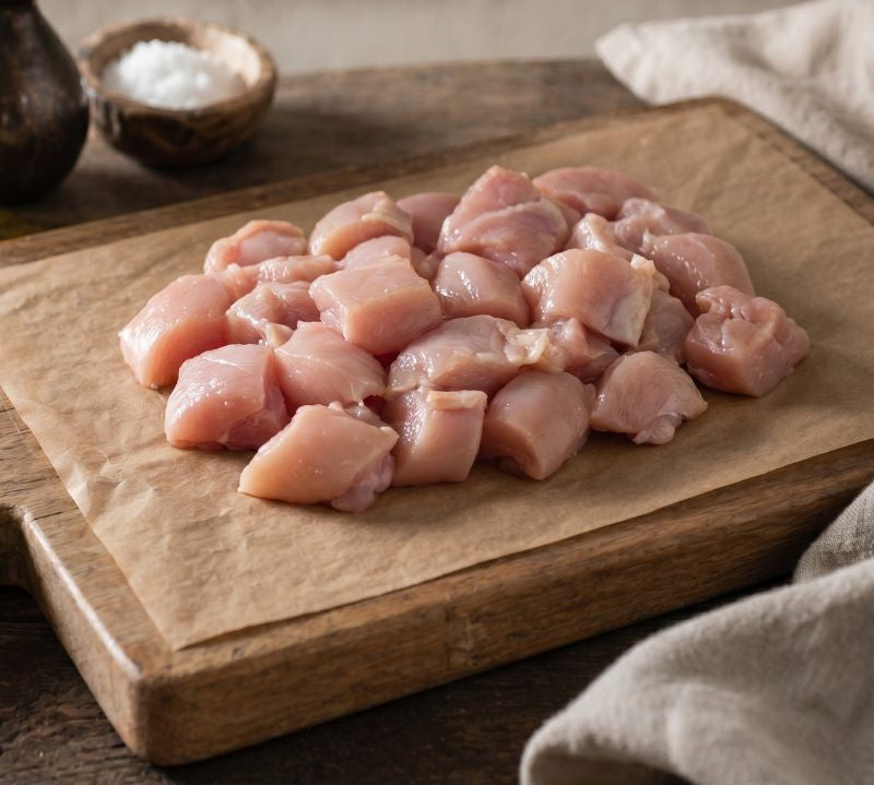 Fresh diced British chicken breast by The Black Farmer — lean, tender, and ready to cook.