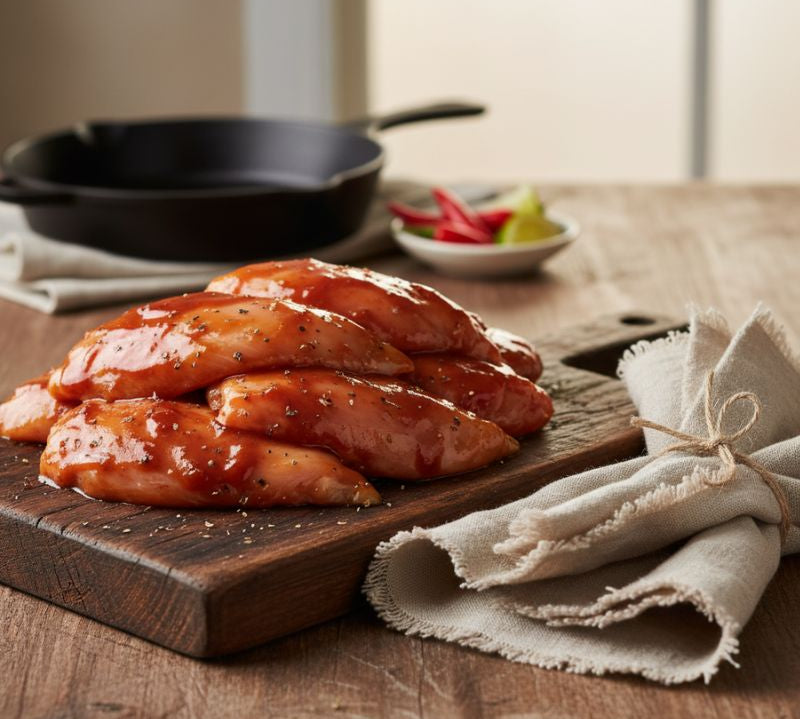 Raw sticky-BBQ marinated chicken breast fillets on a wooden board with glaze and herbs – The Black Farmer.