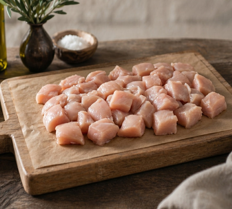 Diced gluten-free chicken breast kebab pieces in tray, premium UK chicken ready for grilling or quick cooking.