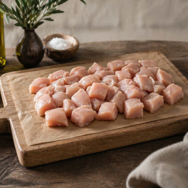 Diced gluten-free chicken breast kebab pieces in tray, premium UK chicken ready for grilling or quick cooking.