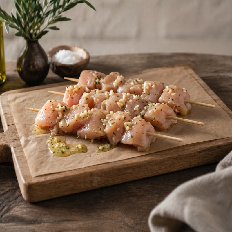 raw chicken breast kebab marinated with garlic and butter glaze on a wooden board
