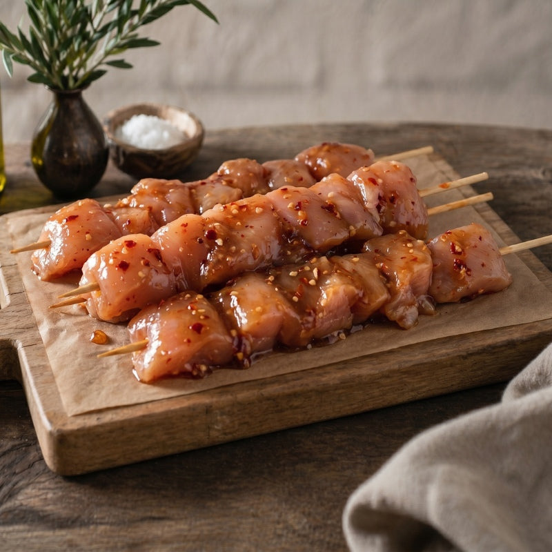 Diced British chicken breast kebabs coated in sweet chilli glaze, gluten-free and ready for grilling or pan-frying.