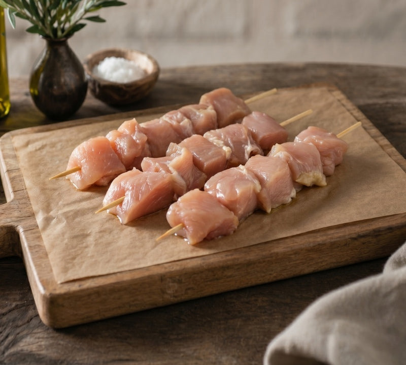 Diced free-range chicken breast kebab pieces in pack, gluten-free, ready for grilling or pan-frying.