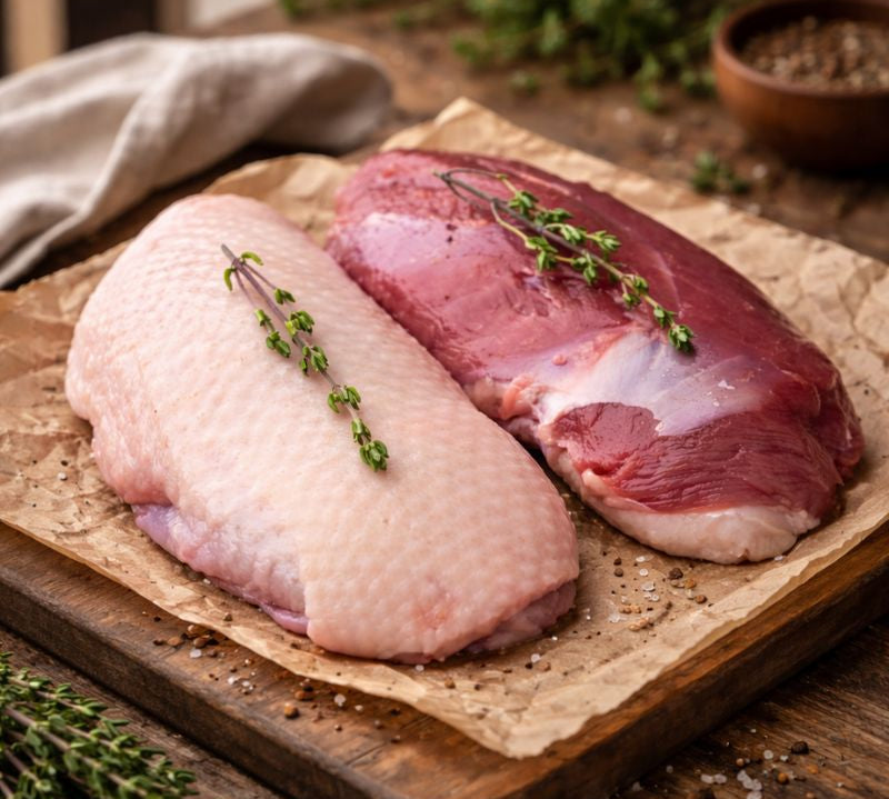 Raw duck and pork on a wooden cutting board with herbs and spices.