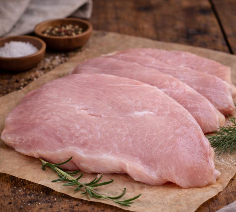 Raw free-range turkey breast steak on display, lean British poultry ideal for healthy high-protein meals