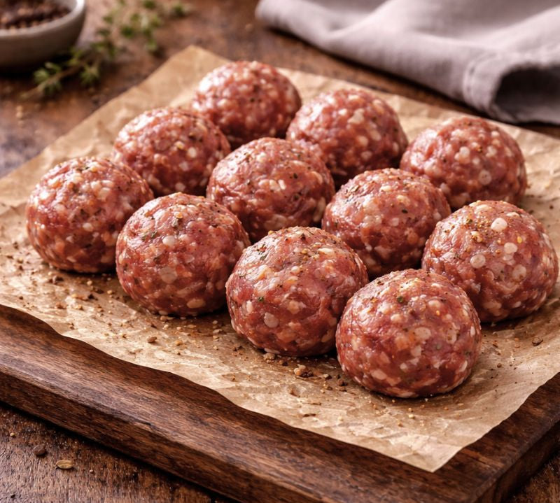 Raw goat meatballs with roasted pepper and tomato – Caribbean spiced British goat, The Black Farmer.