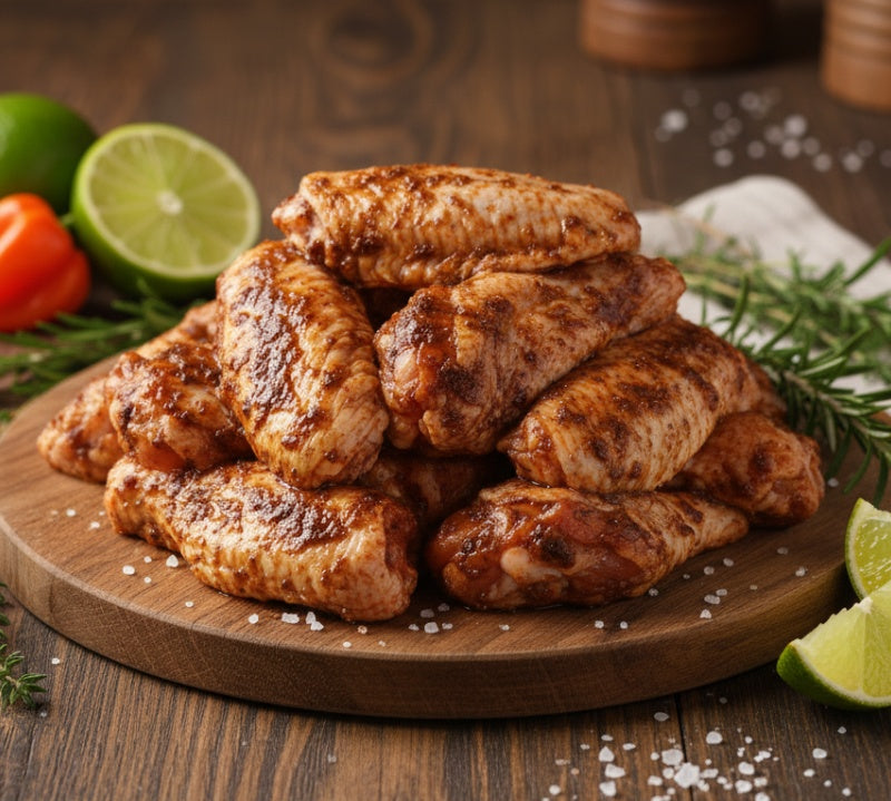 Stack of raw chicken wings marinated with jerk seasoning on a wooden board with limes and rosemary.
