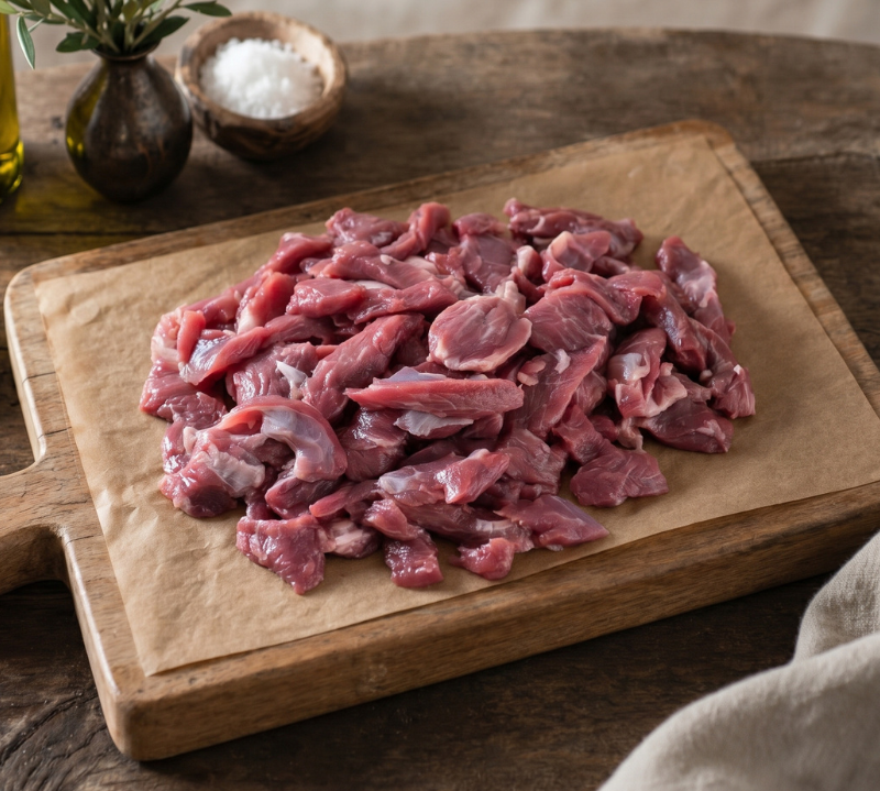 Fresh British lamb stir fry strips from The Black Farmer, lean leg cuts ideal for quick high-protein meals.