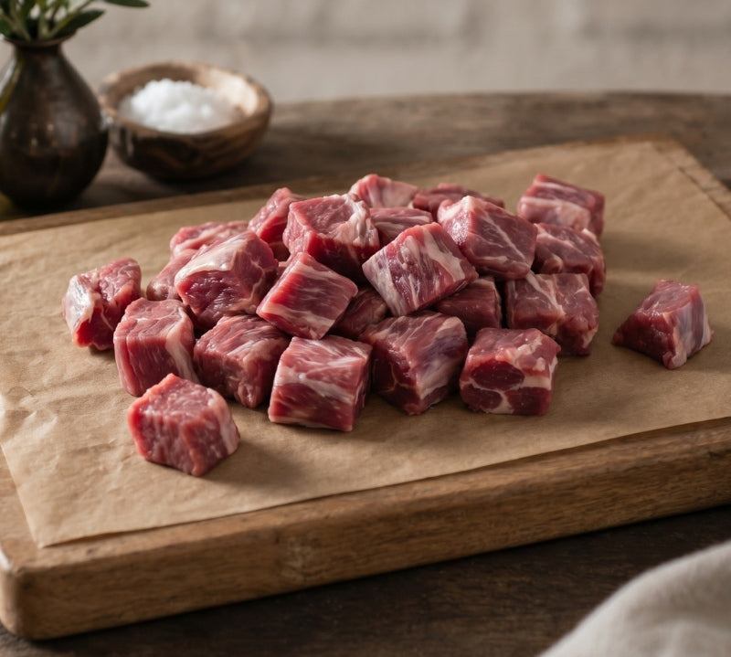 Diced lamb leg pieces displayed fresh and trimmed, premium British lamb ready for cooking.