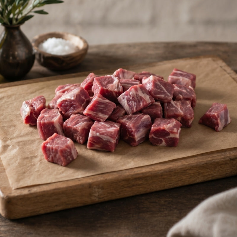 Diced lamb leg pieces displayed fresh and trimmed, premium British lamb ready for cooking.