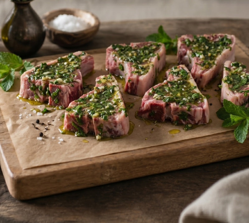 Minted British lamb loin chops, raw 200g portion, fresh marinated cut ideal for grilling or pan-frying.