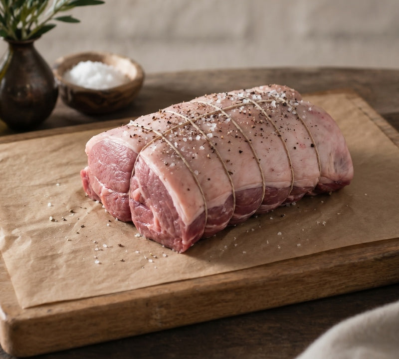 Fresh British lamb rump roast on tray – premium grass-fed lamb cut ideal for roasting and stews.