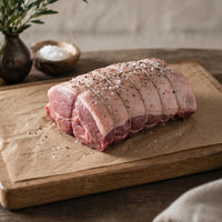 Fresh British lamb rump roast on tray – premium grass-fed lamb cut ideal for roasting and stews.